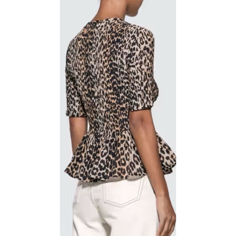 Ganni Smocked Animal Print Leopard Peplum Top 34/ XS or 2 - Picture 12 of 15